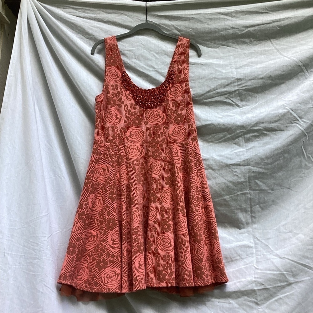 Free People light red floral dress with beaded appliqué detail, size large